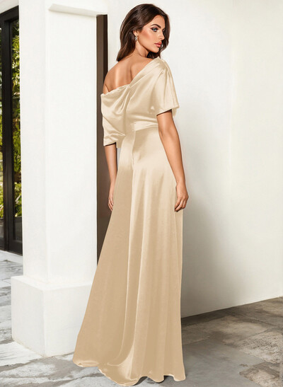Elegant Asymmetrical Neck Floor-Length Silk Like Satin Evening Jumpsuit