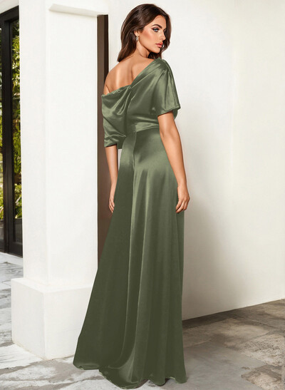 Elegant Asymmetrical Neck Floor-Length Silk Like Satin Evening Jumpsuit