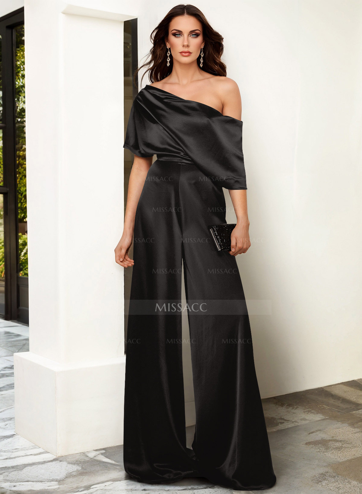 Elegant Asymmetrical Neck Floor-Length Silk Like Satin Evening Jumpsuit