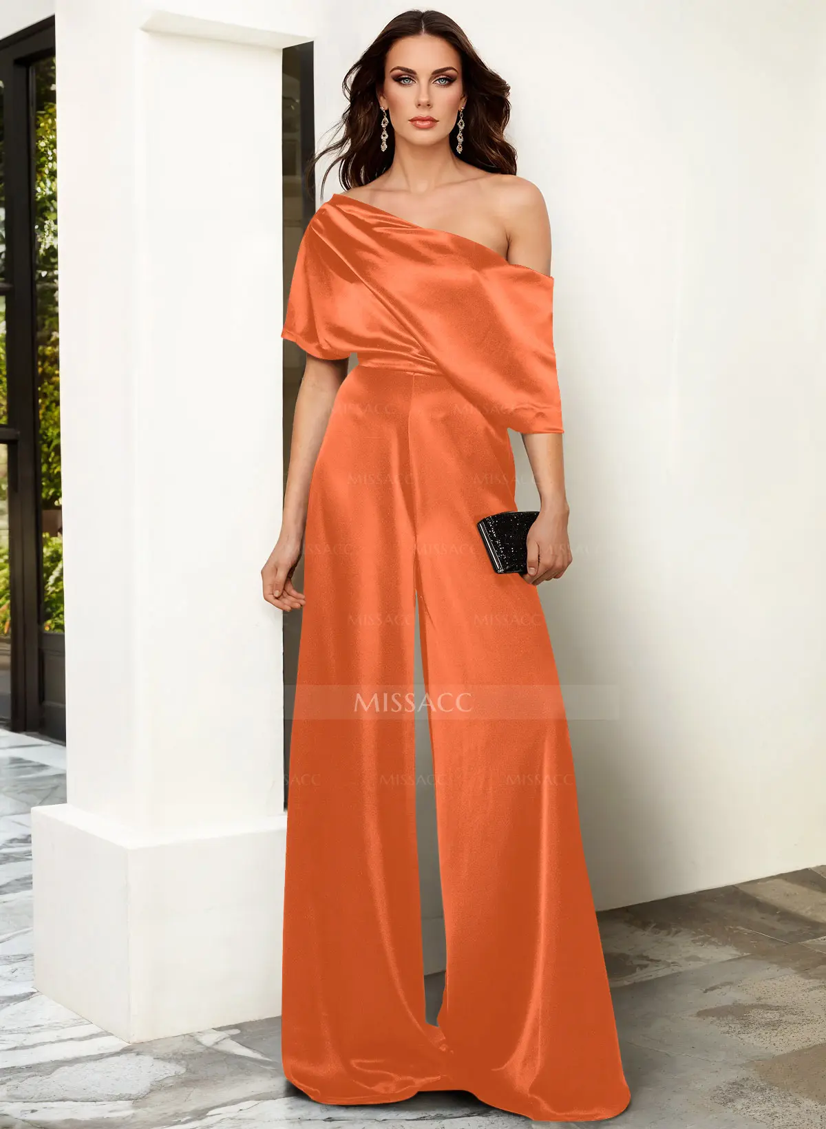 Elegant Asymmetrical Neck Floor-Length Silk Like Satin Evening