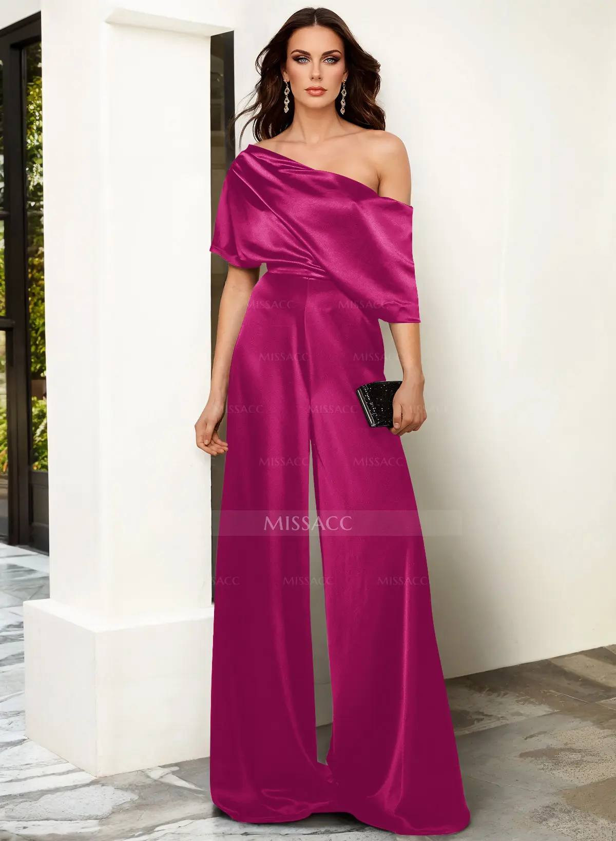 Elegant Asymmetrical Neck Floor-Length Silk Like Satin Evening