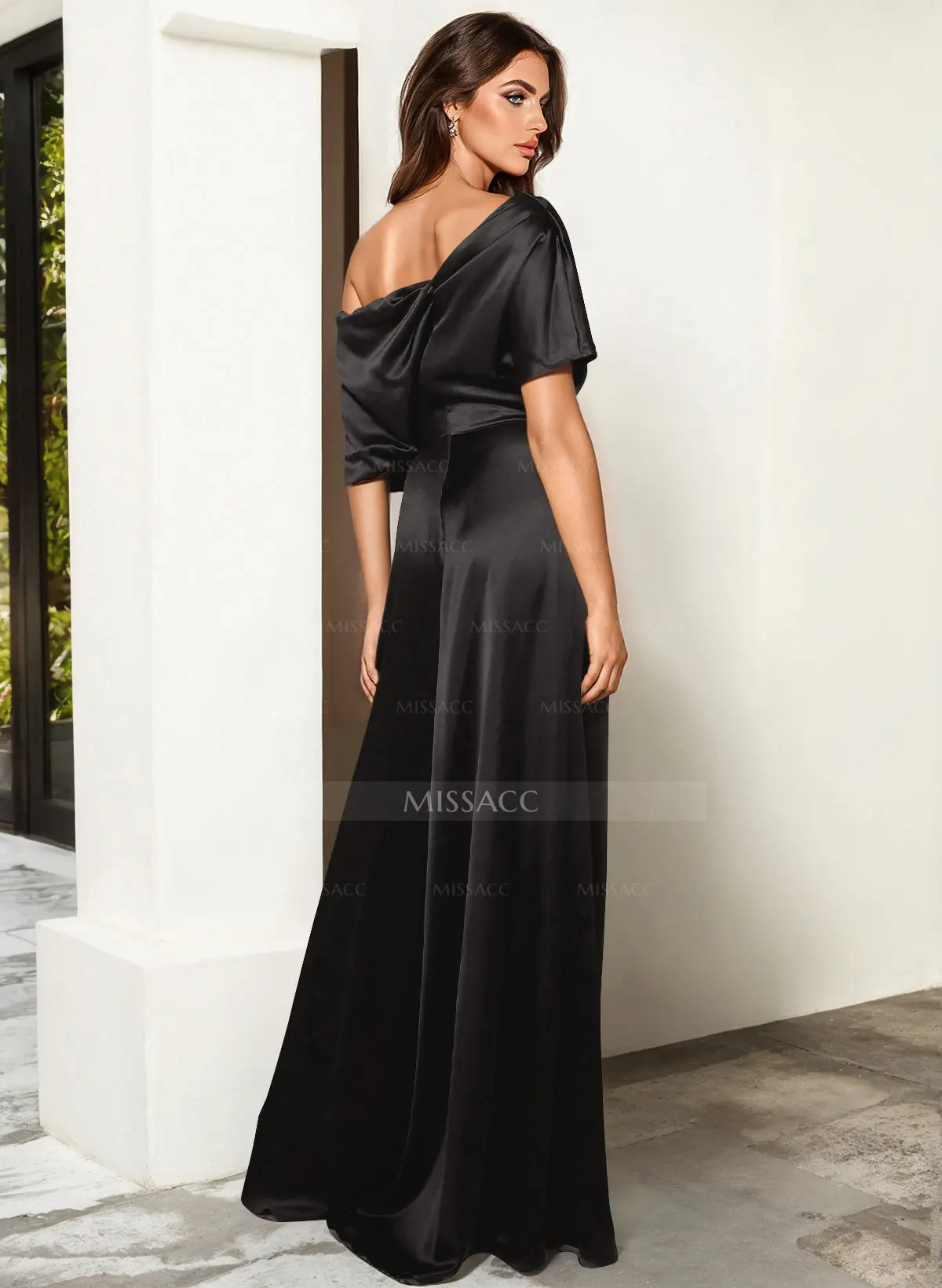 Elegant Asymmetrical Neck Floor-Length Silk Like Satin Evening