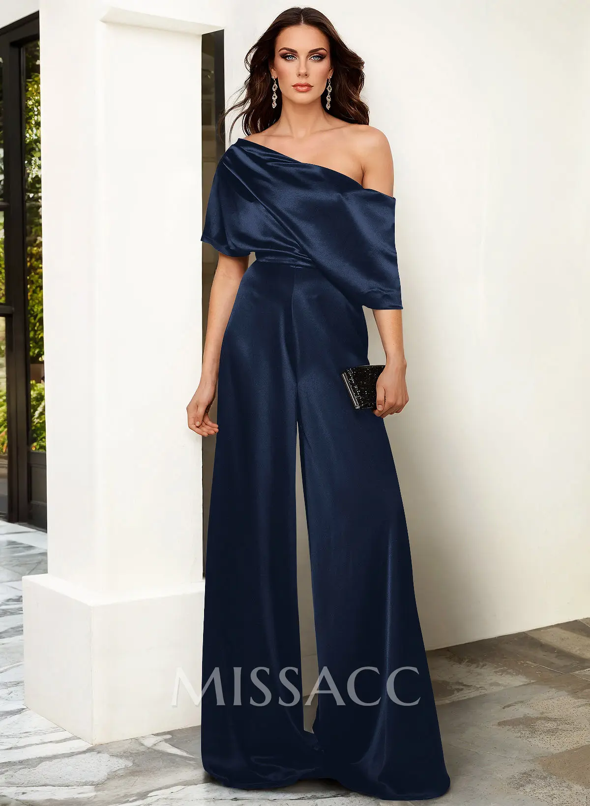 Elegant Asymmetrical Neck Floor-Length Silk Like Satin Evening Jumpsuit -  Missacc