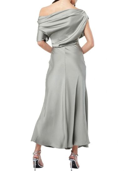 Sheath/Column Asymmetrical Neck Sleeveless Ankle-Length Silk Like Satin Evening Dresses