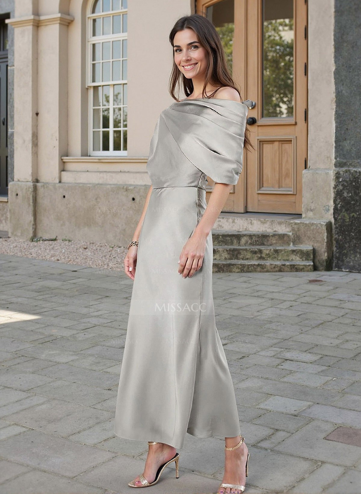 Sheath/Column Asymmetrical Neck Sleeveless Ankle-Length Silk Like Satin Evening Dresses