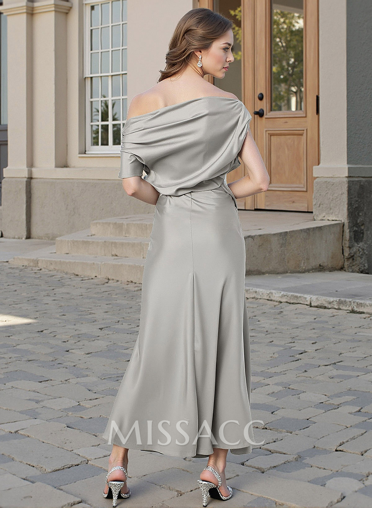 Sheath/Column Asymmetrical Neck Sleeveless Ankle-Length Silk Like Satin Evening Dresses