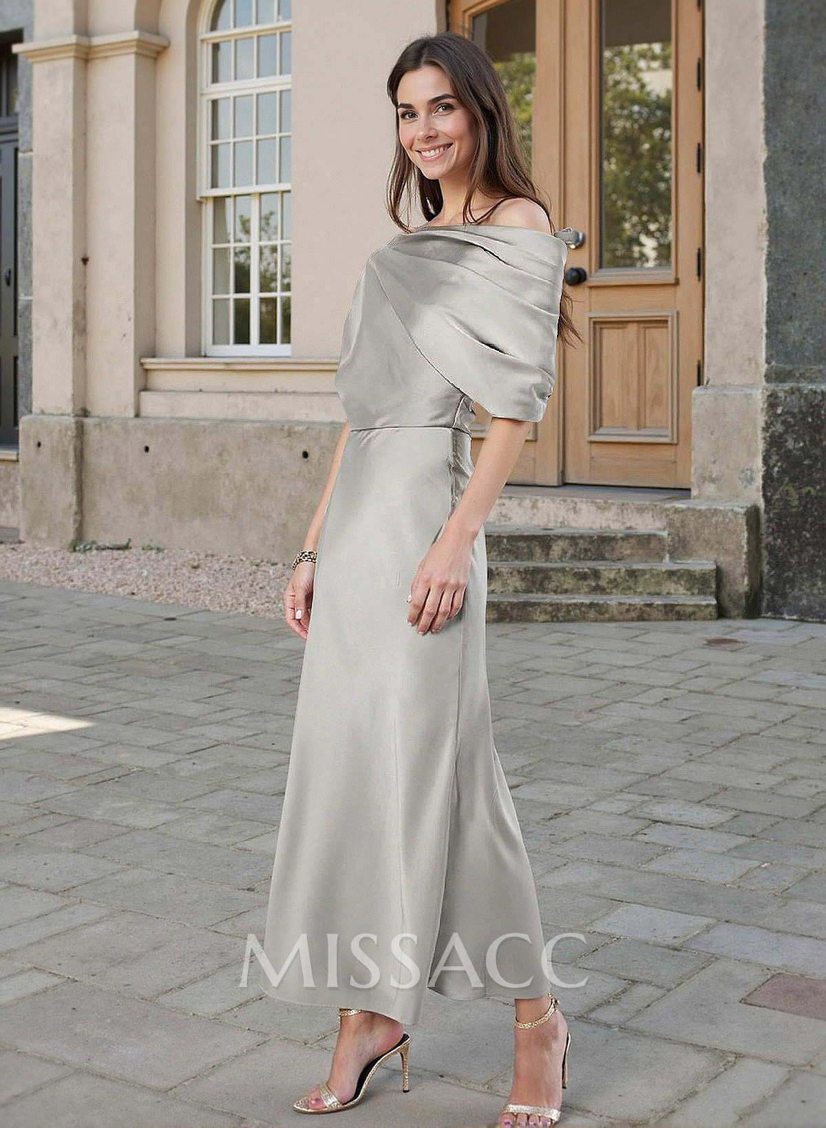 Sheath/Column Asymmetrical Neck Sleeveless Ankle-Length Silk Like Satin Evening Dresses