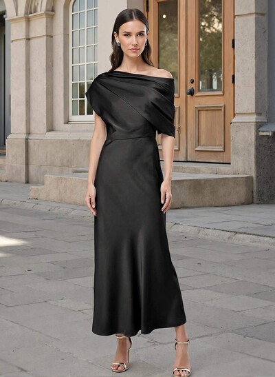 Sheath/Column Asymmetrical Neck Sleeveless Ankle-Length Silk Like Satin Evening Dresses