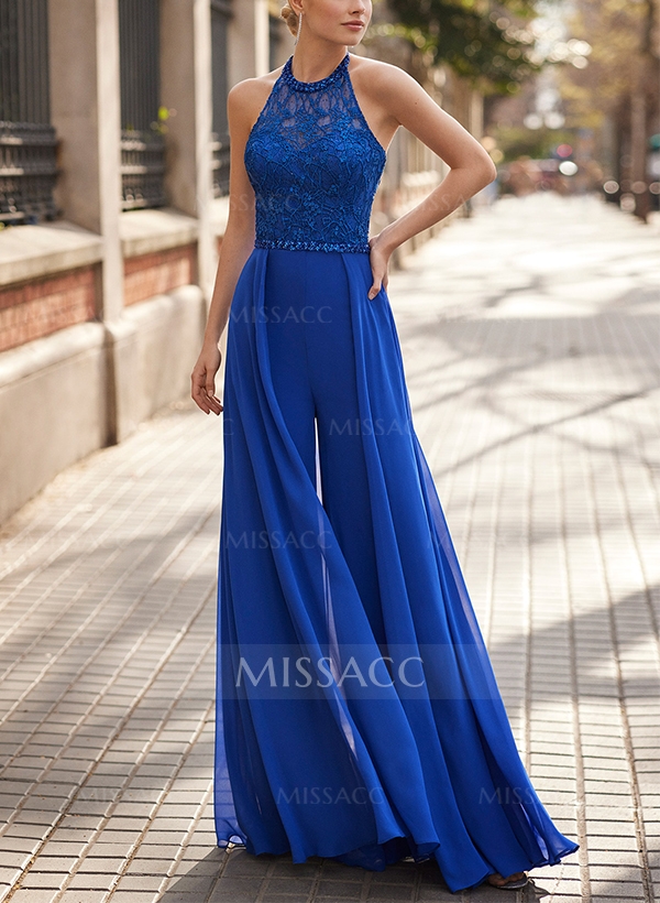 Jumpsuit/Pantsuit Halter Sleeveless Chiffon/Lace Evening Dresses