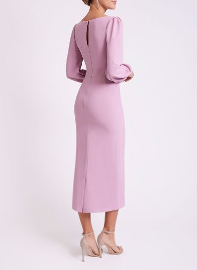 Square Neckline Long Sleeves Tea-Length Elastic Satin Evening Dresses