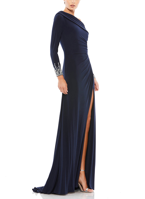Asymmetrical Neck Long Sleeves Jersey Evening Dresses With Split Front/Rhinestone