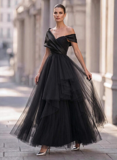 A-Line Off-The-Shoulder Short Sleeves Chiffon/Satin Evening Dresses