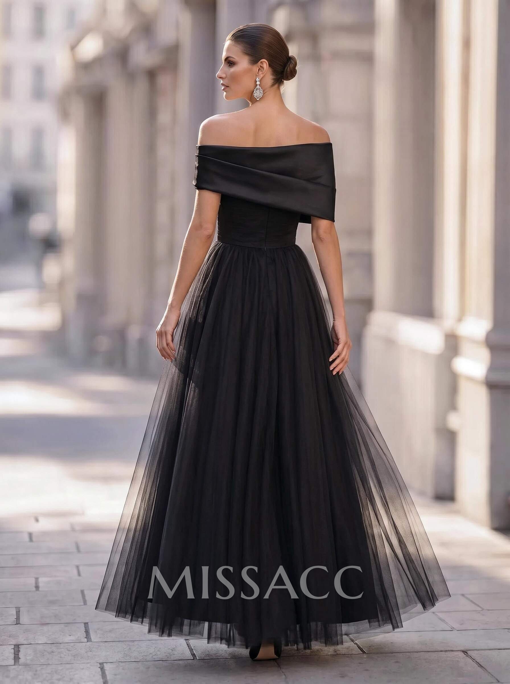 A-Line Off-The-Shoulder Short Sleeves Chiffon/Satin Evening Dresses