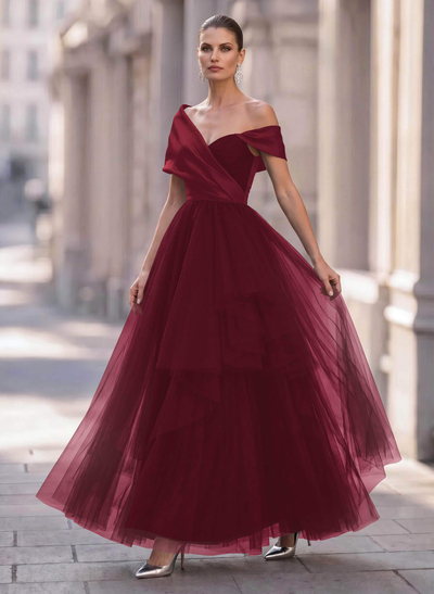 A-Line Off-The-Shoulder Short Sleeves Chiffon/Satin Evening Dresses