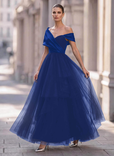 A-Line Off-The-Shoulder Short Sleeves Chiffon/Satin Evening Dresses