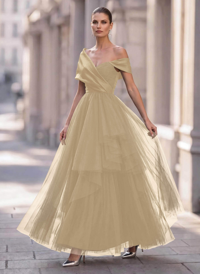 A-Line Off-The-Shoulder Short Sleeves Chiffon/Satin Evening Dresses