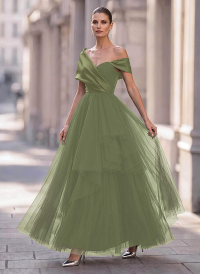 A-Line Off-The-Shoulder Short Sleeves Chiffon/Satin Evening Dresses