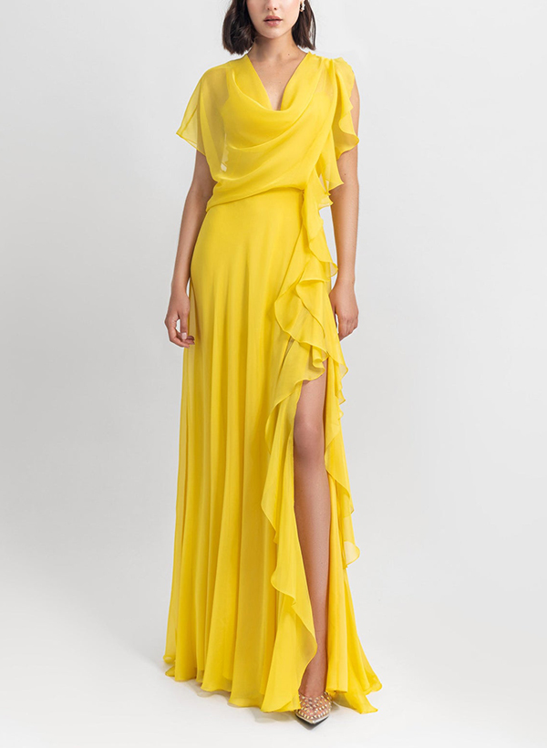A-Line Cowl Neck Short Sleeves Chiffon Evening Dresses With Split Front