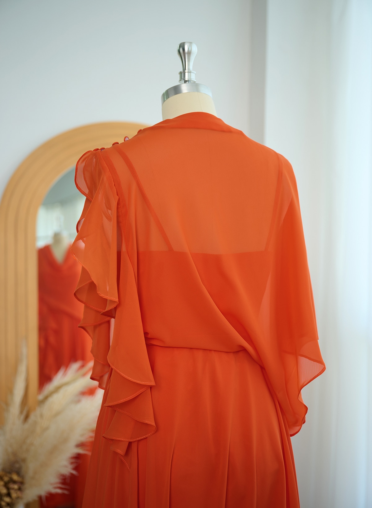 A-Line Cowl Neck Short Sleeves Chiffon Evening Dresses With Split Front