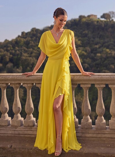 A-Line Cowl Neck Short Sleeves Chiffon Evening Dresses With Split Front