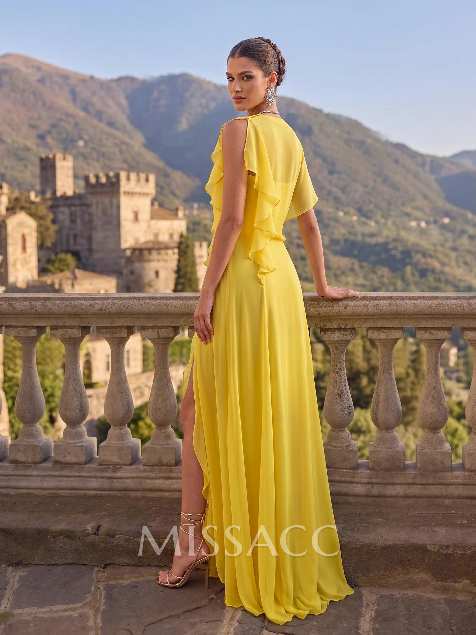 A-Line Cowl Neck Short Sleeves Chiffon Evening Dresses With Split Front