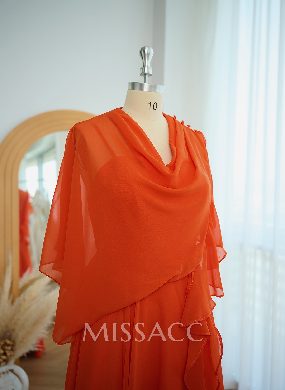 A-Line Cowl Neck Short Sleeves Chiffon Evening Dresses With Split Front