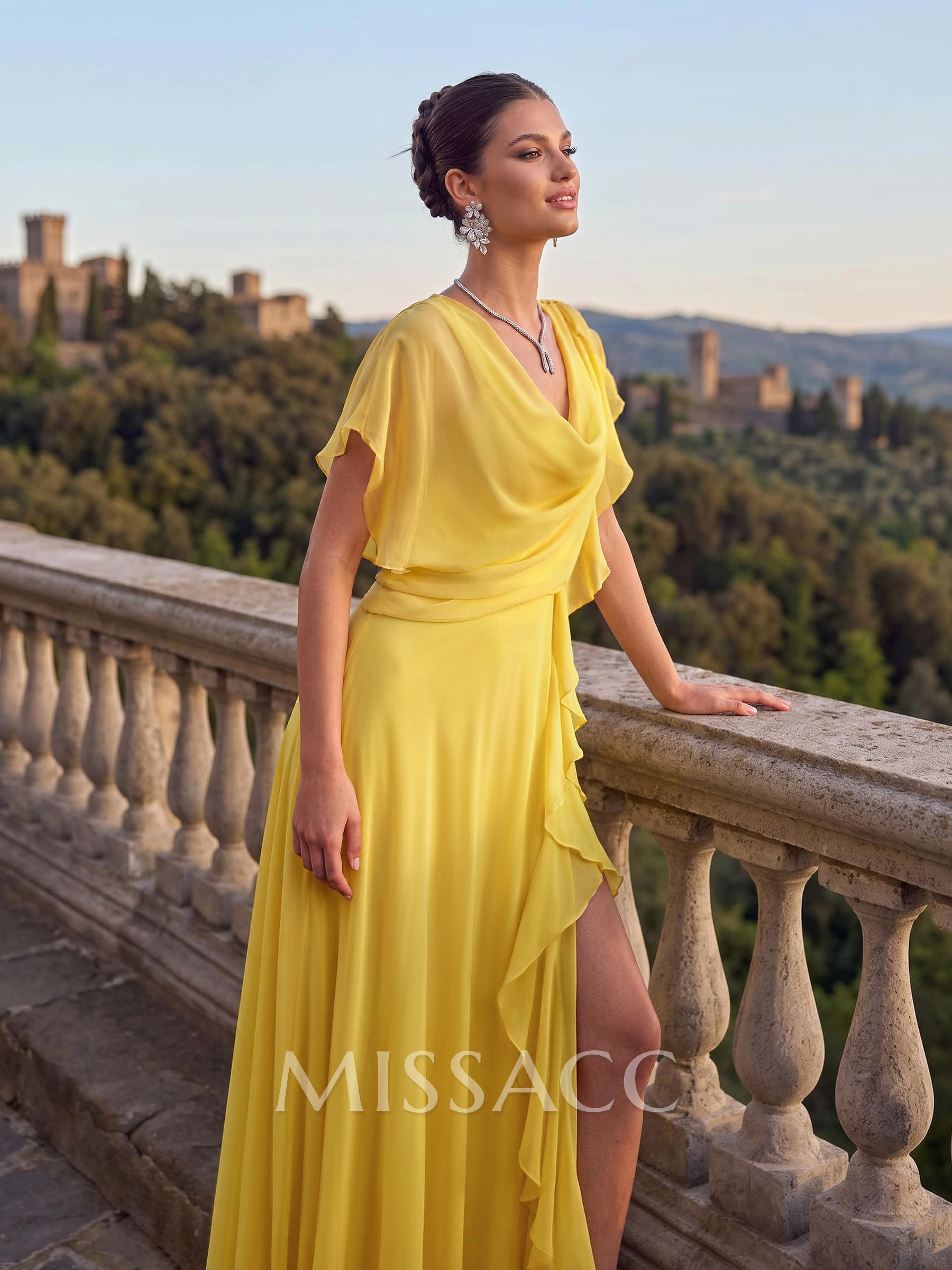A-Line Cowl Neck Short Sleeves Chiffon Evening Dresses With Split Front