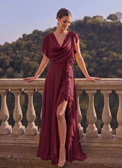 A-Line Cowl Neck Short Sleeves Chiffon Evening Dresses With Split Front