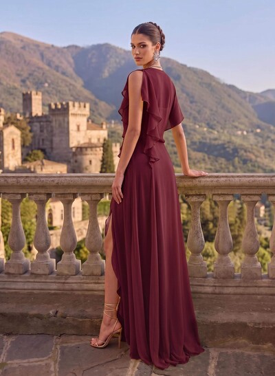 A-Line Cowl Neck Short Sleeves Chiffon Evening Dresses With Split Front