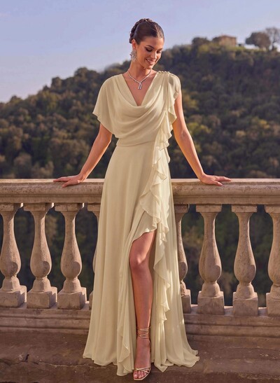 A-Line Cowl Neck Short Sleeves Chiffon Evening Dresses With Split Front