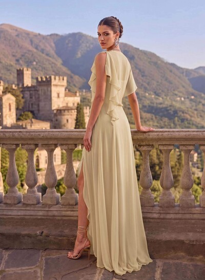 A-Line Cowl Neck Short Sleeves Chiffon Evening Dresses With Split Front
