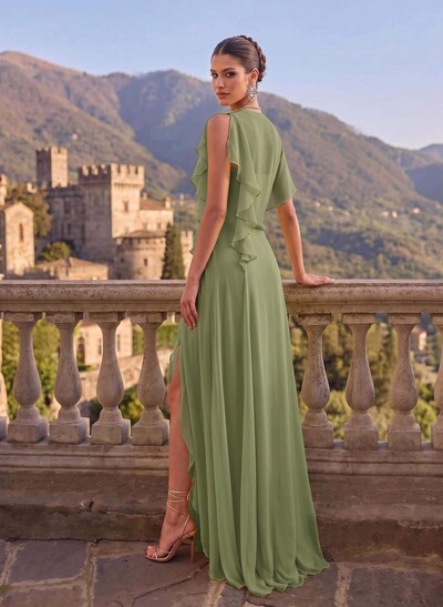 A-Line Cowl Neck Short Sleeves Chiffon Evening Dresses With Split Front
