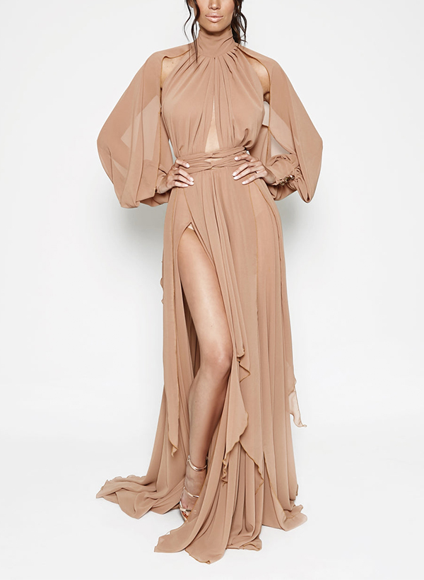 A-Line High Neck Long Sleeves Chiffon Evening Dresses With Split Front