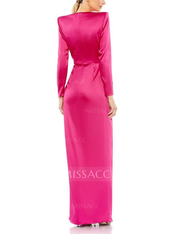 Sheath/Column Scoop Neck Long Sleeves Satin Evening Dresses With Split Front