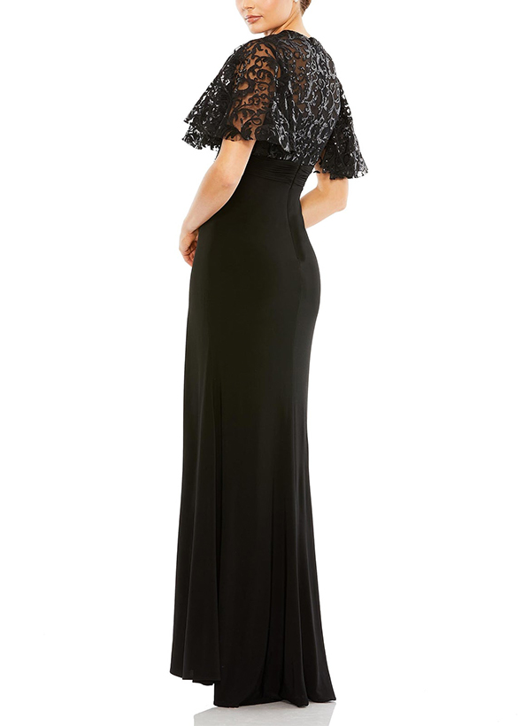 Sheath/Column Floor-Length Lace/Jersey Evening Dresses With Butterfly-Sleeved Cape