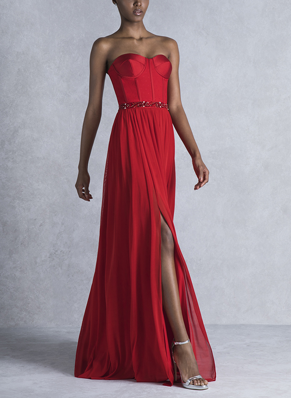 A-Line Sweetheart Sleeveless Chiffon/Satin Evening Dresses With Split Front