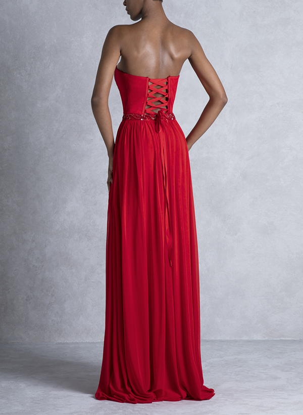 A-Line Sweetheart Sleeveless Chiffon/Satin Evening Dresses With Split Front
