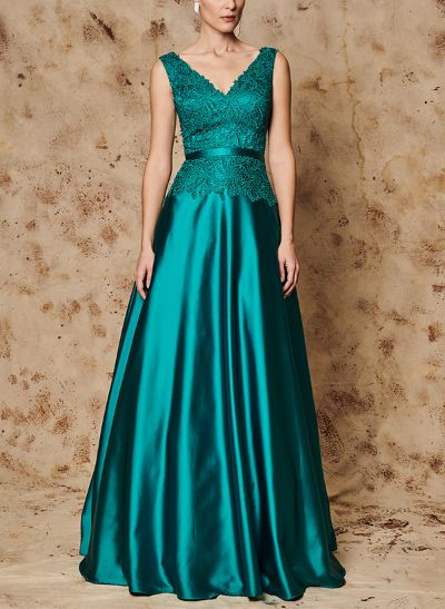 A-Line V-Neck Sleeveless Floor-Length Lace/Satin Evening Dresses