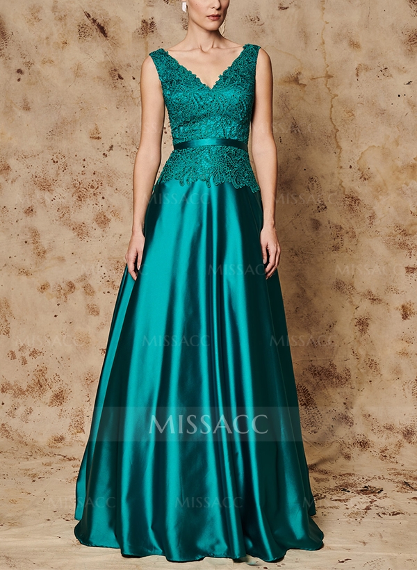 A-Line V-Neck Sleeveless Floor-Length Lace/Satin Evening Dresses