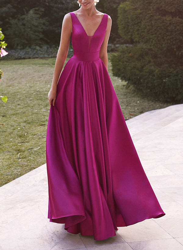 A-Line V-Neck Sleeveless Floor-Length Satin Evening Dresses