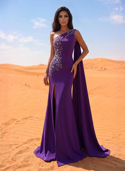 Sheath/Column One-Shoulder Elastic Satin Evening Dresses With Split Front