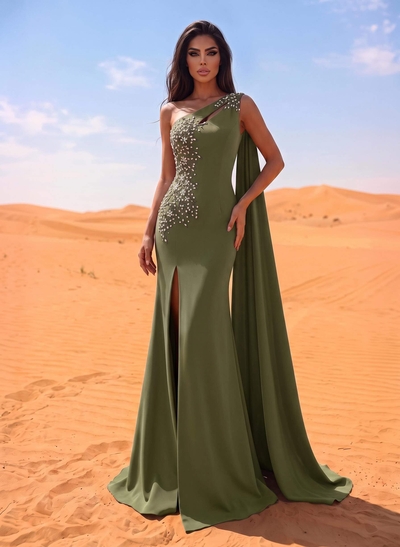 Fitted One-Shoulder Stretch Satin Evening Dress With Front Split