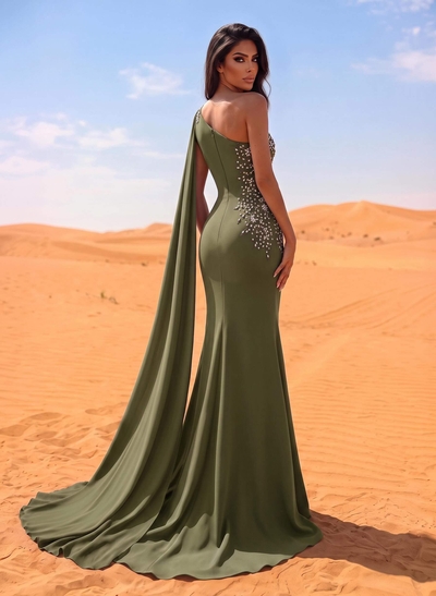 Fitted One-Shoulder Stretch Satin Evening Dress With Front Split