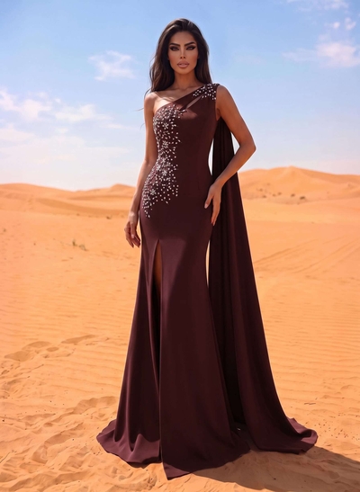 Sheath/Column One-Shoulder Elastic Satin Evening Dresses With Split Front