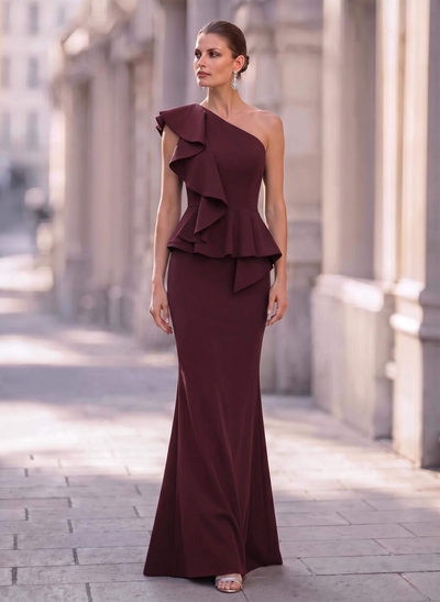 One-Shoulder Ruffles Mermaid Elastic Satin Evening Dresses