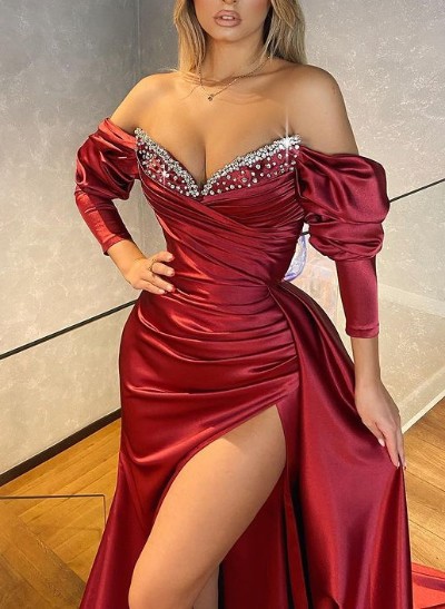 Trumpet/Mermaid Off-The-Shoulder Satin Prom Dresses With Split Front/Beading