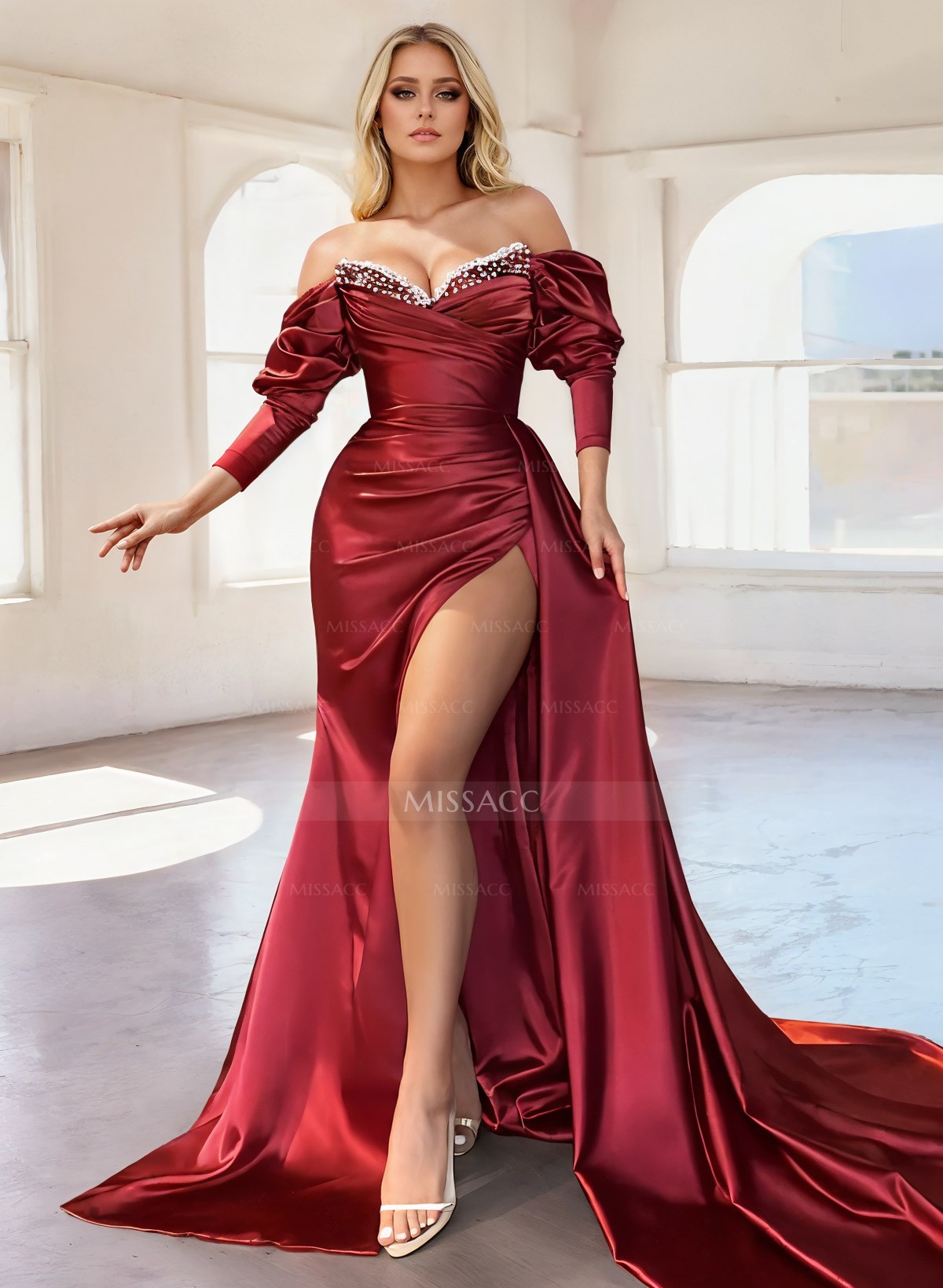 Off-The-Shoulder Long Sleeves Mermaid Slit Evening Dresses With Beading