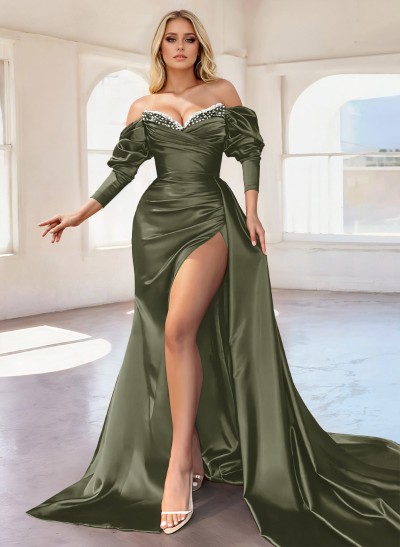 Off-The-Shoulder Long Sleeves Mermaid Slit Evening Dresses With Beading