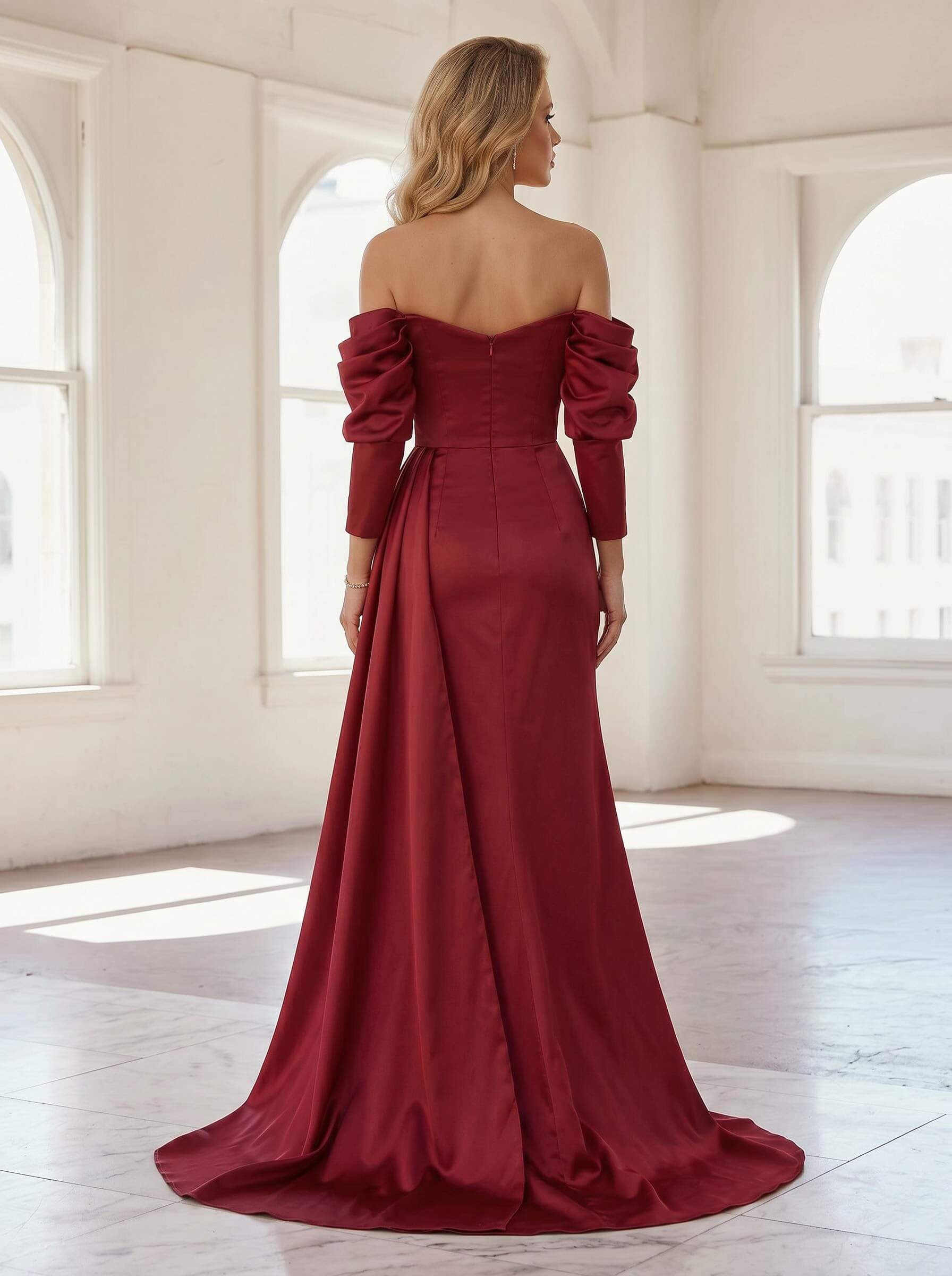 Trumpet/Mermaid Off-The-Shoulder Satin Prom Dresses With Split Front/Beading