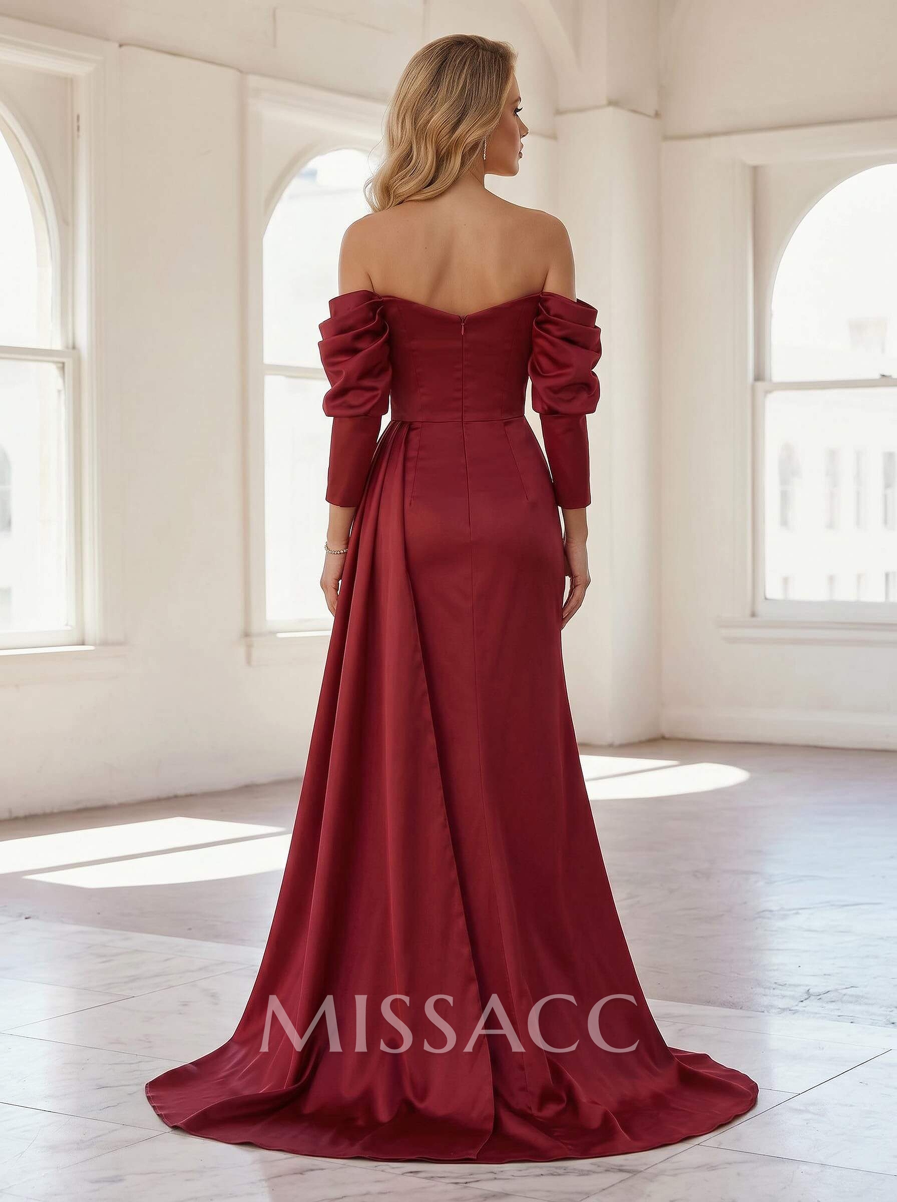 Off-The-Shoulder Long Sleeves Mermaid Slit Evening Dresses With Beading
